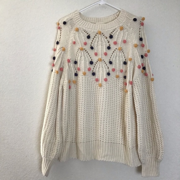 Chunky Knit Pom Pom Sweater Cream Pullover Size L Cozy Winter Cute - Picture 3 of 9